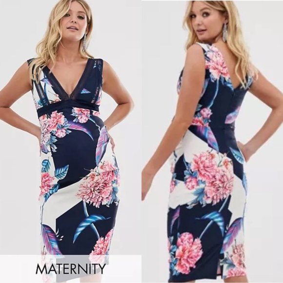 Little Mistress | Blue and Cream Floral Maternity Dress | Size 8 - Picture 1 of 13